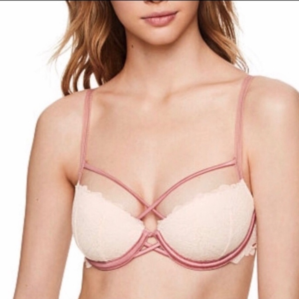 PINK Victoria's Secret Date Strappy Push-Up Lace Bra White & Blush Pink 34DD